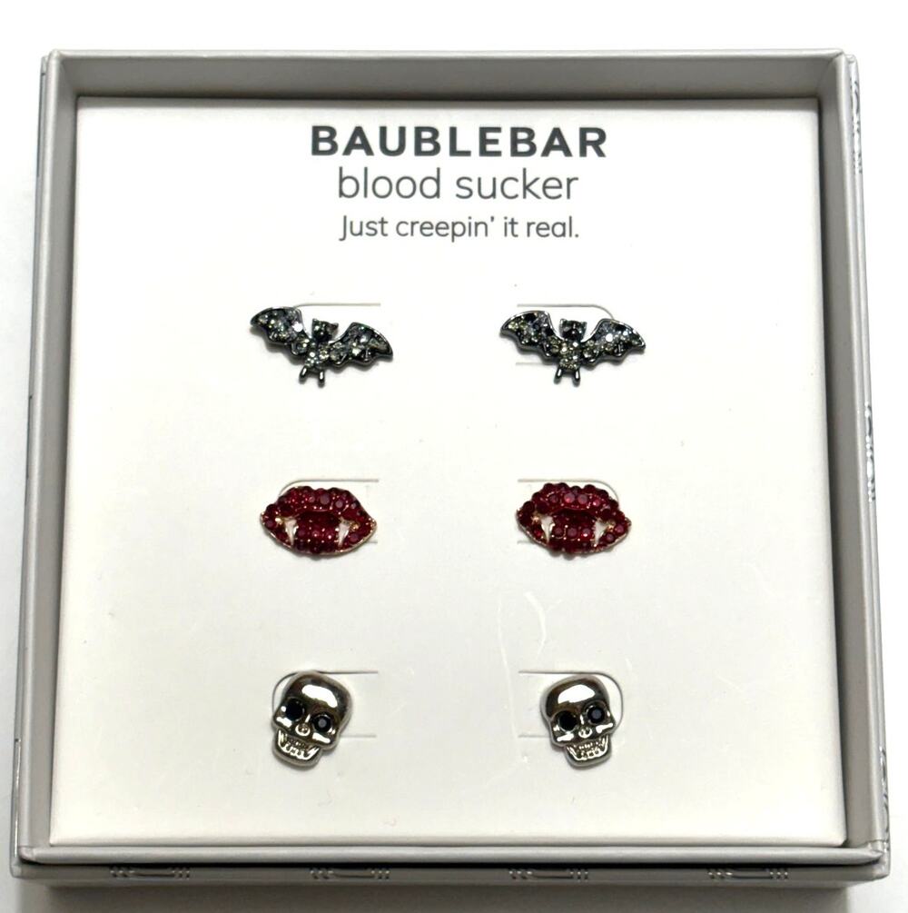 Baublebar BLOOD SUCKER Halloween Bat Vampire Lips Skull 3 Pc Set Earrings NIB